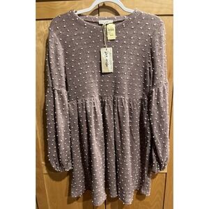 NWT Swiss Dot Knit Babydoll Dress Size M Long Sleeve Lavender Cottagecore Boho